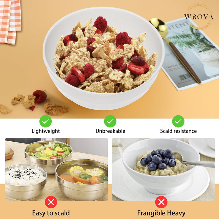 Wheat Straw Bowls Set 60 OZ, Unbreakable Large White Bowls Set of 6, Microwave and Dishwasher Safe Big Cereal Bowl for Dorm and Apartment, Salad Bowl for Serving Oatmeal and Popcorn (White)
