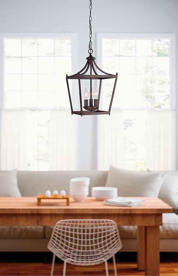 Capital Lighting 4036BB Stanton Geometric Metal Open Frame Lantern Foyer Pendant, 3-Light 180 Total Watts, 17" H x 10" W, Burnished Bronze