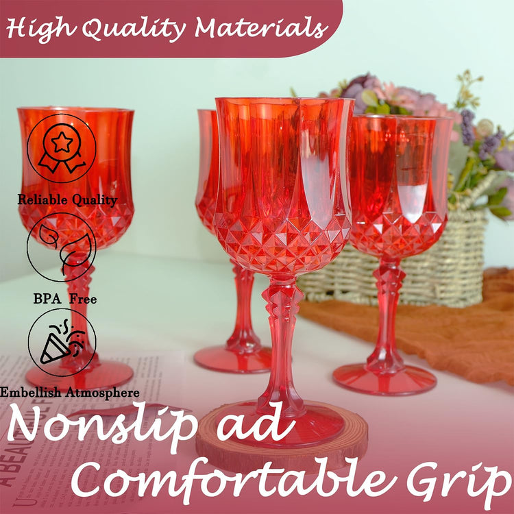 Plastic Wine Glasses,Plastic Goblets Vintage Style Cordial Drinking Glasses for Wedding Reception, Grand Event Party Supplies (12, Red)