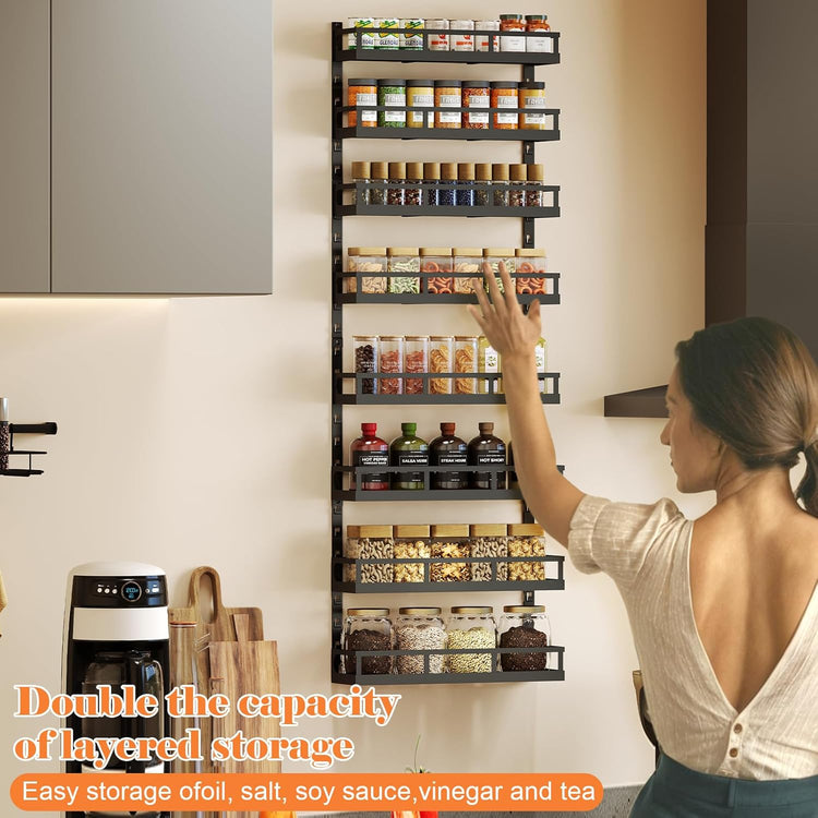 X-cosrack 8-Tier Adjustable Spice Rack โ Wall-Mounted Space-Saving Organizer with Mixed Baskets, Large-Capacity Seasoning Holder for Kitchen & Pantry (Black)