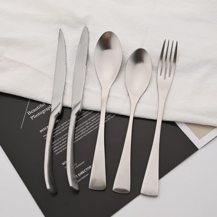 Luxury 304 Stainless Steel Matte Silver Cutlery Flatware Set - Utensil Set Steak Spoons and Forks Knife Silverware Set,Service for 4 (24-Piece)