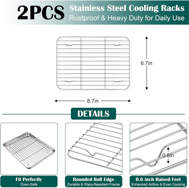 E-far Small Baking Sheet with Wire Rack (2 Pans + 2 Racks), Stainless Steel Cookie Sheets Trays & Cooling Rack for Toaster Oven, Non Toxic & Warp Resistant, Oven & Dishwasher Safe, 9.4 x 7.3 x 1 Inch
