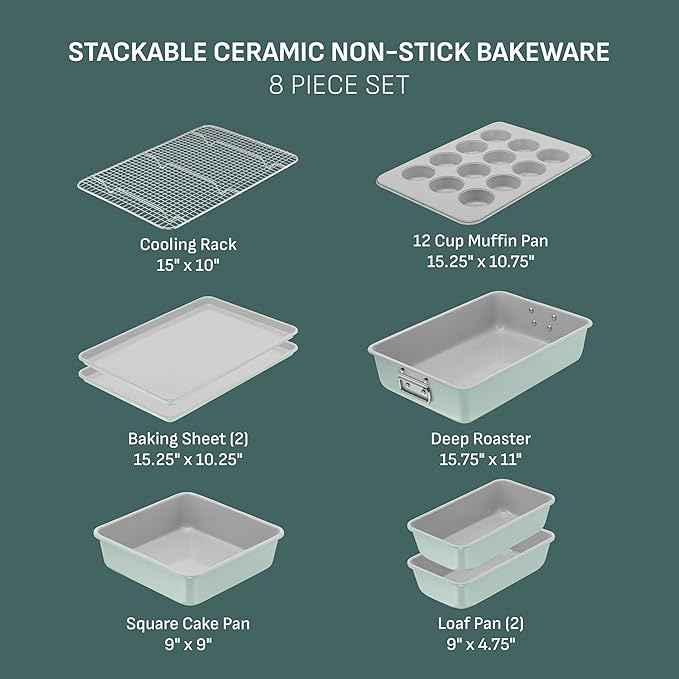 T-fal Refresh Ceramic Nonstick Baking Pans Set (8 Pc), Roaster, 12-Cup for Muffins, Loaf Trays, Baking Sheets Non Stick, Cooling Cooking Rack, Stackable Bakeware Set, Mint Green