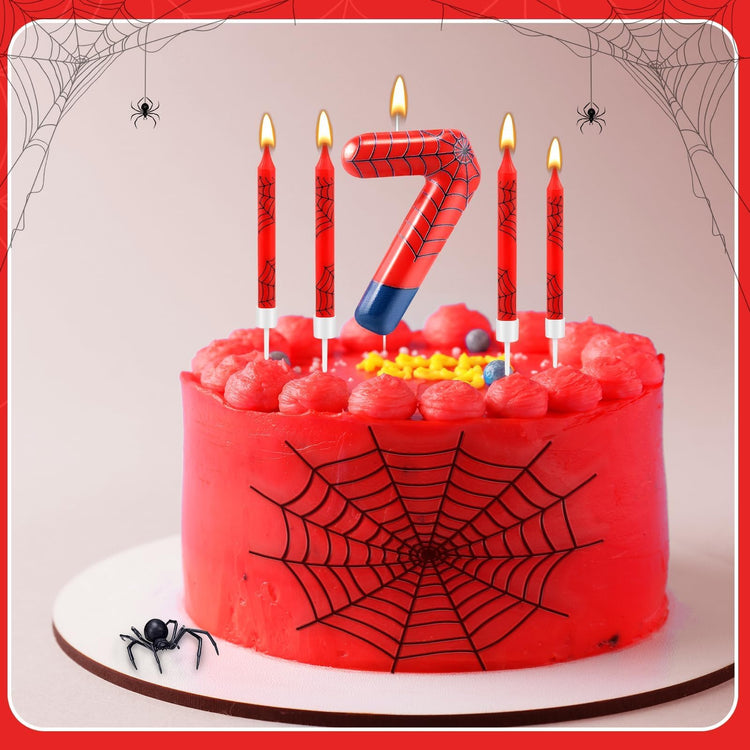 13 Pcs Spider Themed Birthday Candle Set Red Spider Theme Number 7 Candle Cake Topper for Boys Girls Birthday Decoration Spider Party Decoration Supplies (13 Count)