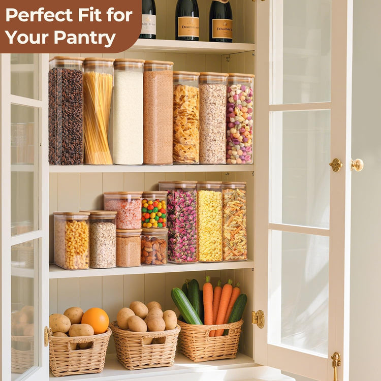 ComSaf 1.2 Qt Rectangle Glass Storage Containers with Lids, Glass Jars with Bamboo Lids, Clear Food Storage Jar, Sugar Coffee Containers, Pantry Container for Pasta Tea Candy Nut