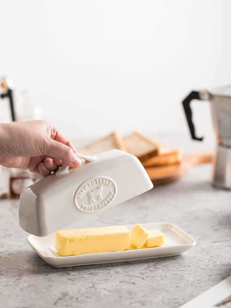 Cow Butter Dish, Ceramic Butter Dish with Lid for Countertop, White Butter Tray with Handle, Farmhouse Covered Butter Holder Container for East West Coast Butter Storage