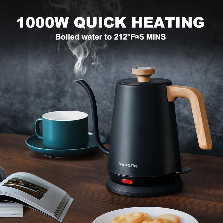 Nueve&Five Gooseneck Electric Kettle with Thermometer, Black Electric Kettle 1L with Auto Shut-Off,1000W Hot Water Kettle of Stainless Steel, Pour Over Kettle for Coffee & Tea