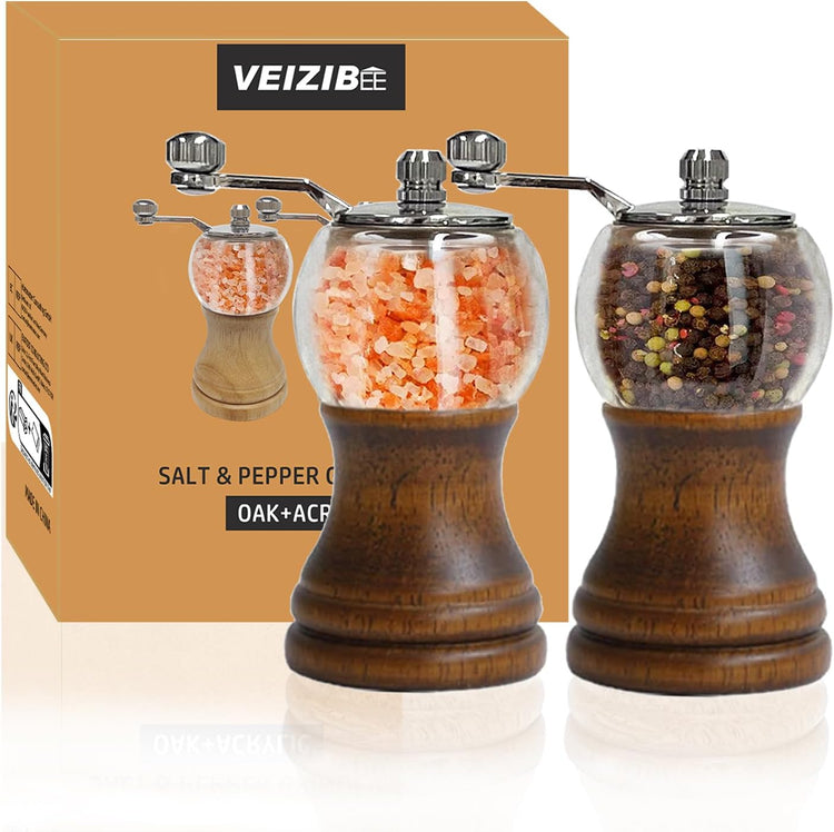 Pepper Mill Set,Manual Pepper Mills, Classical Roast Black Manual Pepper Grinder Set,Hand Shake Salt Mill,Retro Wood, Acrylic,Ceramic Blades,Enjoy Fresh Pepper Spices (Walnut color 2pcs-5in)