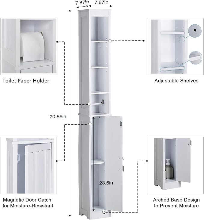 VECELO Storage Cabinet, 71" Tall Narrow Bathroom Cabinet with Adjustable Shelves, Toilet Paper Holder, Magnetic Door, for Small Spaces, Pearl White