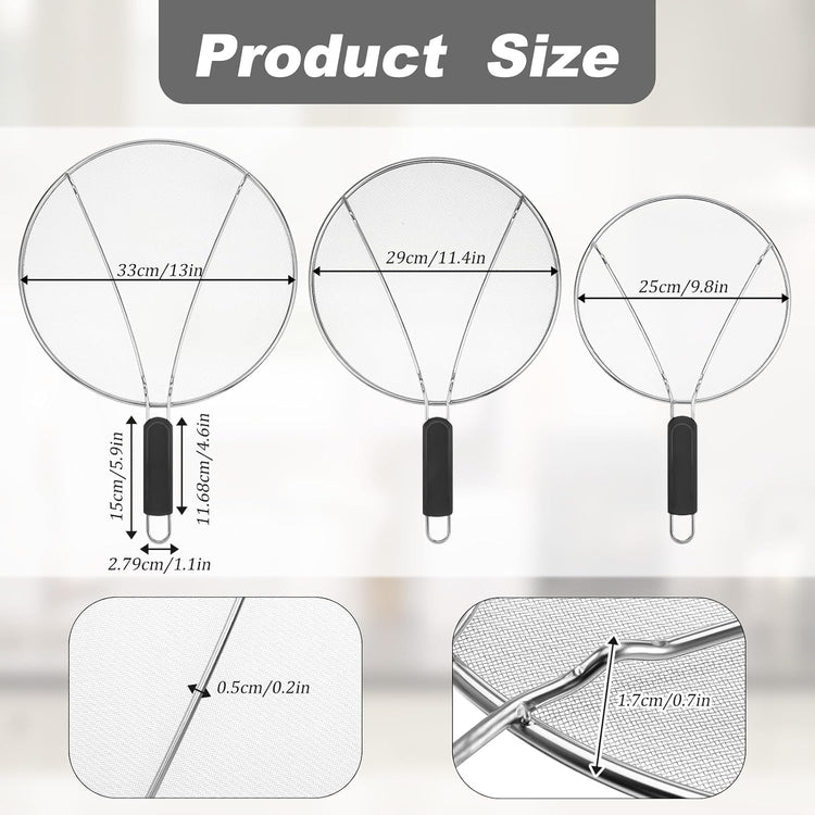 Splatter Screen for Cooking - Stainless Steel Grease Splatter Guard for Frying Pan, Ultra Fine Mesh Lids Set of 3(9.8", 11.4", 13")