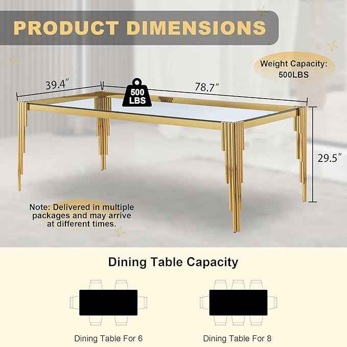 78'' Modern Glass Dining Table for 6-8 People,Tempered Glass Top Dining Room Table with Stainless Steel Base, Glass and Gold Dining Table for 6, Rectangle Dining Kitchen Table for Dinner