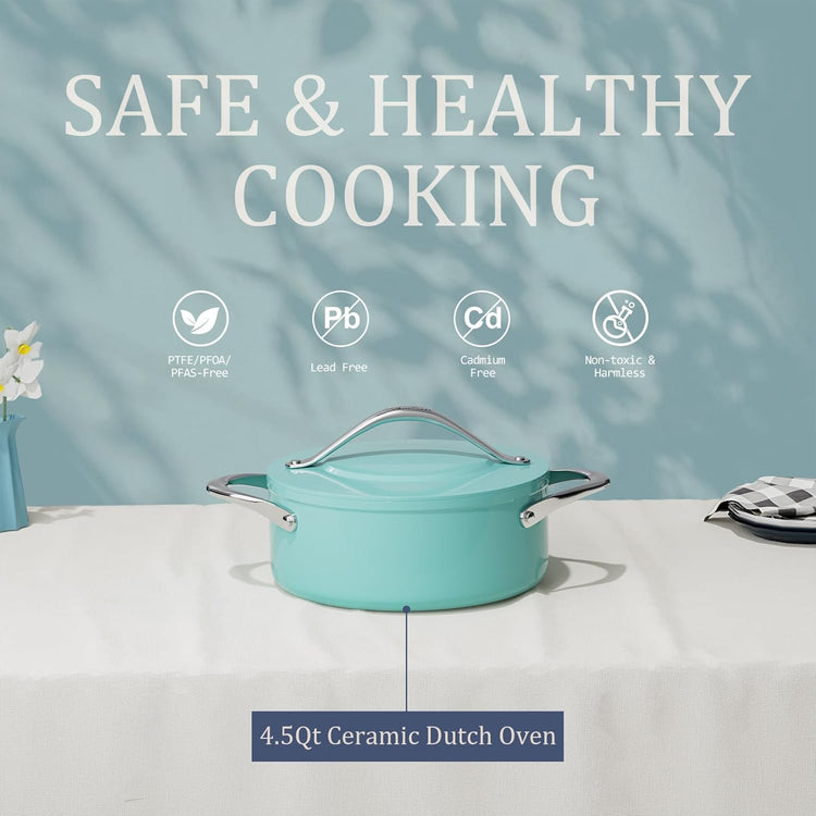 Stock Pot 4.5qt Dutch Oven with Lid (9.5") Nonstick Ceramic Coated Non-Toxic PFAS-Free Even Heat Distribution for Braising, Baking Bread & Soups, Compatible for All Cooktops(Induction/Gas/Electric) Oven Safe to 500ยฐF (Caribbean Blue)