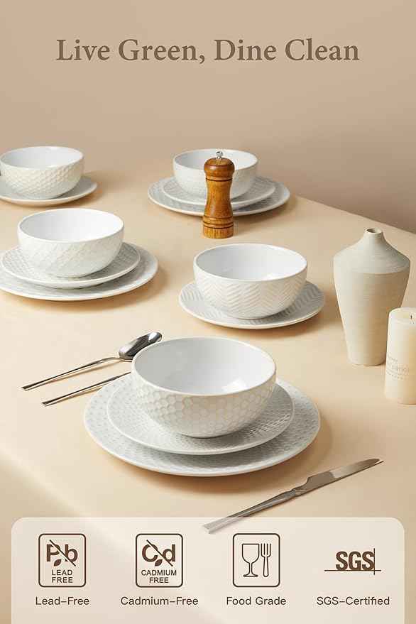 24 Piece Dinnerware Sets for 8, Premium Stoneware Plates and Bowls Sets, Microwave & Dishwasher Safe, Elegant Dishes for Entertaining & Special Occasions โ A Stunning Gift for Large Families