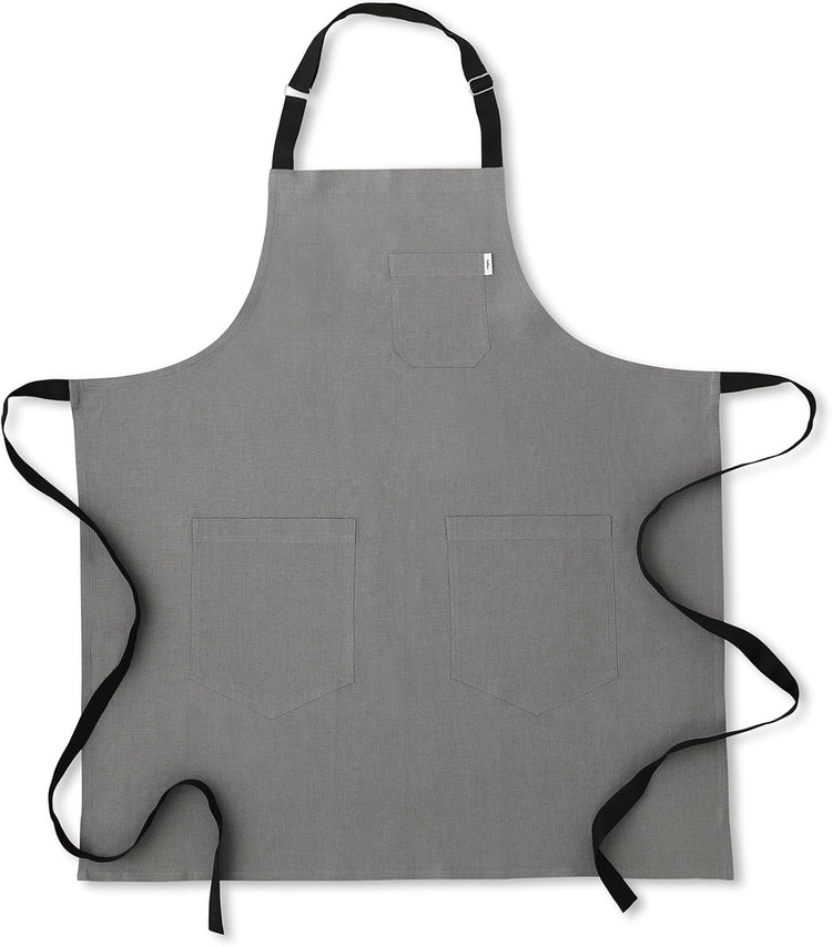Solino Home Linen Bib Apron for Men & Women - Steel Grey/Black Kitchen Apron with Front Pockets - Handcrafted from European Flax