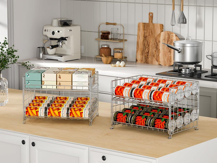 2-Pack Stackable Can Rack Organizer, Can Storage for Kitchen Pantry Cabinet, Can Holders for Food, Multifunctional Can Dispenser for Snacks Soda, Silver