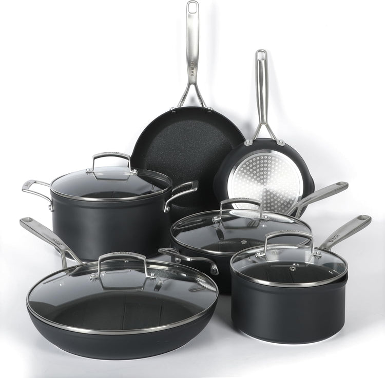 Babish 10 Piece Hard Anodized Laser Titanium Forever Non Stick Technology Durable Pots and Pans Cookware Set - Black