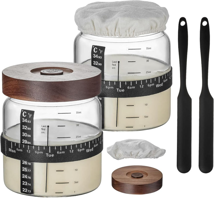 Sourdough Starter Jar 2Pack,Wood Sealed Lid with Automatic Exhaust,35OZ with Ounce Scale Line,Date Marked Feeding Band, Thermometer, Sourdough Jar Scraper,Wide Mouth for Sourdough Bread Baking