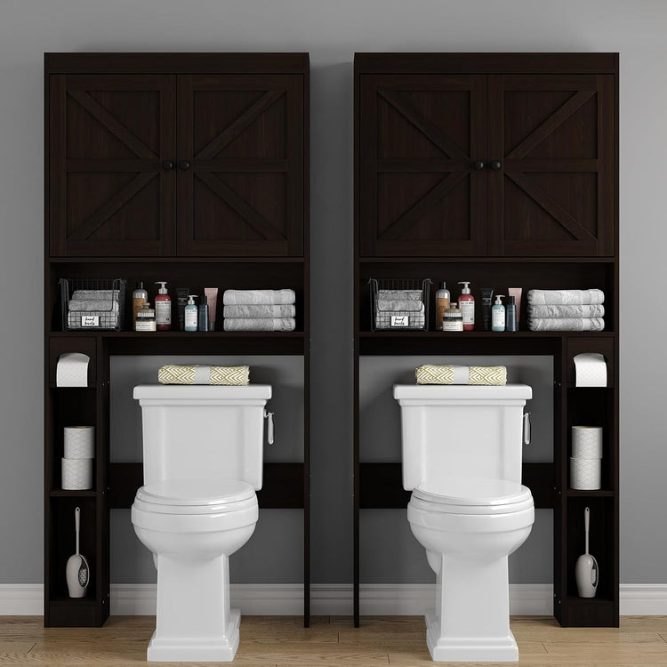 Furnideco 32.3''W Over The Toilet Storage Cabinet with Barn Doors, Over Toilet Shelf Farmhouse Storage Cabinet Space Saver with Toilet Paper Holder & Adjustable Bottom Bar, Espresso
