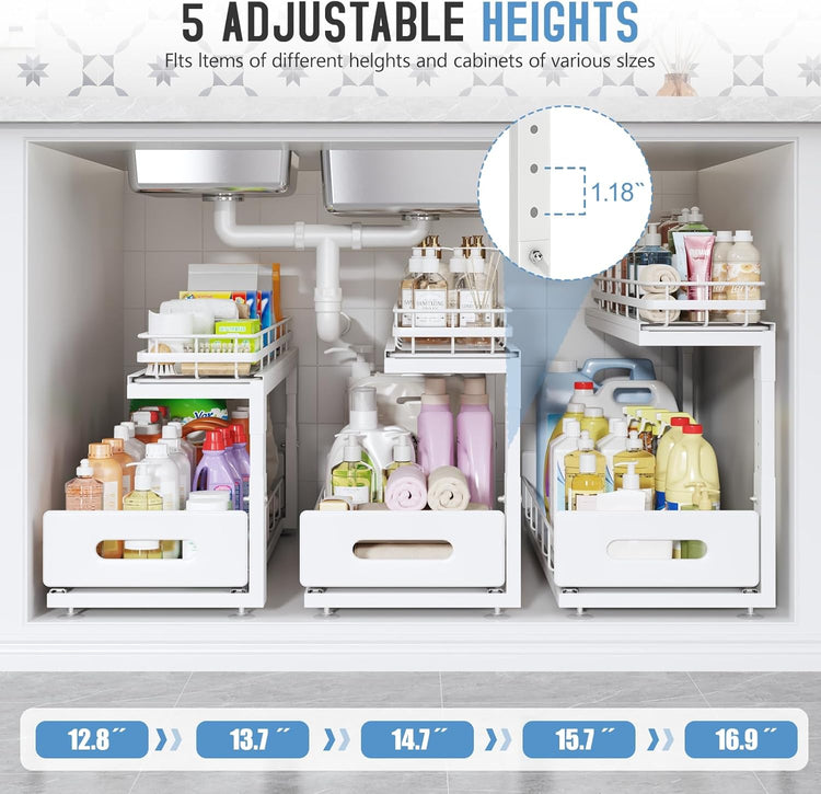 2 Pack Under Sink Organizer with Smooth Ball Bearing Slides, 2-Tier Pull Out Cabinet Storage, Slide Out Drawers for Bathroom and Kitchen, Under Sink Shelf, Rust-resistant Coating, Height Adjustable
