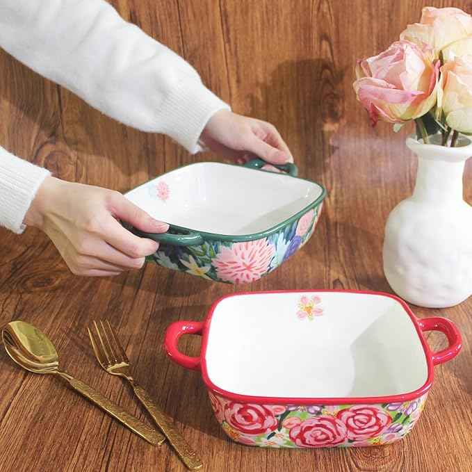 Two-piece square ceramic baking pan set: Hand-painted floral ceramic baking pans with double handles, suitable for baking, cooking, kitchens, restaurants, etc.(Combination 2)