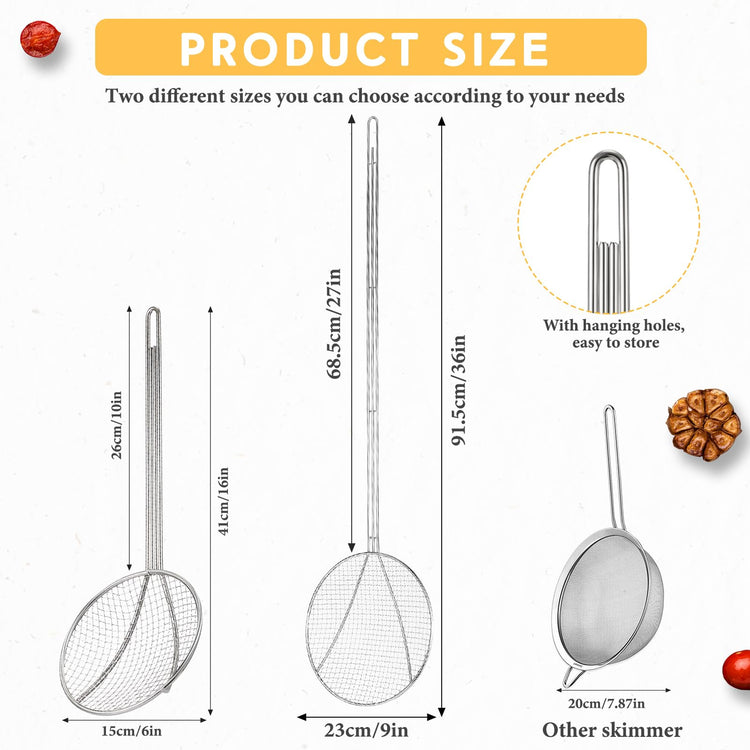 2 Pcs 16" Stainless Steel Wire Skimmer Long Handle Strainer Spoon