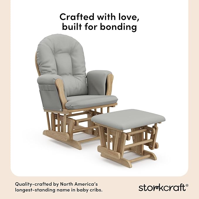 Storkcraft Premium Hoop Glider & Ottoman (Natural/Light Gray) — GREENGUARD Gold Certified Nursery Glider, Solid Wood Craftsmanship, Smooth-Gliding Nursery Chair and Ottoman, Award-Winning