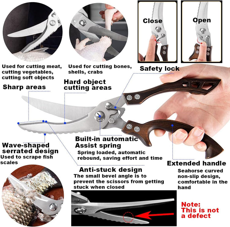 ANDONG Kitchen Scissors, Heavy Duty Professional Poultry Shears, Stainless Steel Spring Loaded, Dishwasher Safe, with Black Leather Sheath