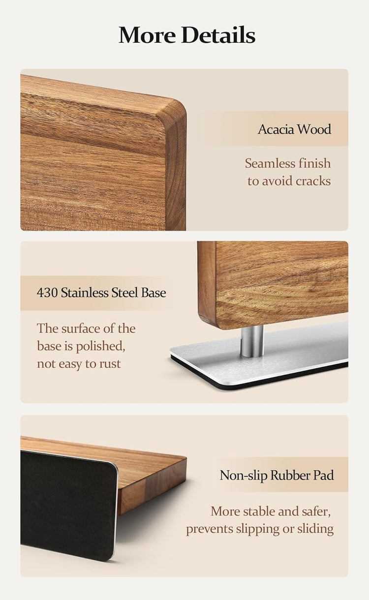 Strong Double Sided Magnetic Knife Block Without Knives, with Acacia Wood+430 Stainless Steel Base,Magnetic Universal Stands with Strong Enhanced Magnets Strip Kitchen Storage Cutlery Large Organizer