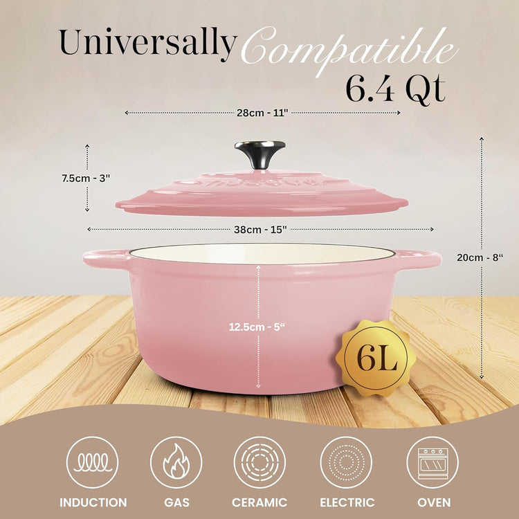 Nuovva Enamelled Cast Iron Dutch Oven Pot with Lid 6.4 Quart Non Stick Casserole Pot – Heavy Duty & Oven Safe up to 500° F for Bread Baking, Braising, Stews, Roasting – 28cm Pink - Nestoria