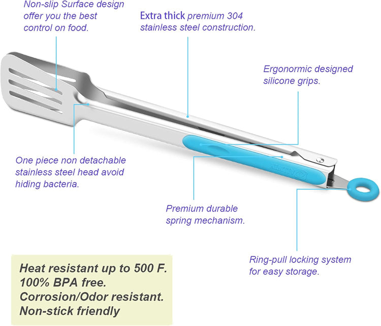Premium 304 Stainless Steel Barbecue Turners, Heavy Duty Non-Stick BBQ Cooking Kitchen Tongs, 9" and 12" Blue