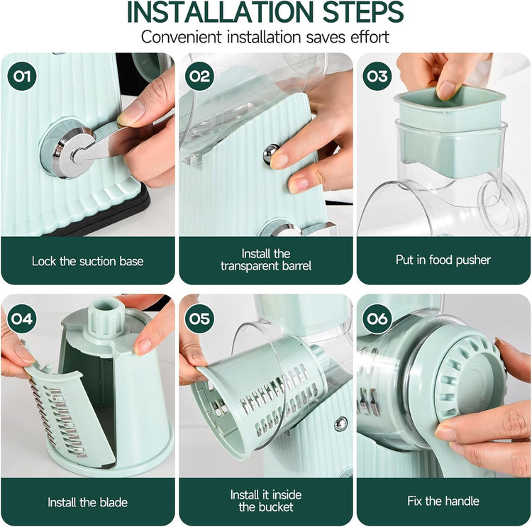 Rotary Cheese Grater, Vegetable Shredder 5 in 1 Cheese Grater with Handle edder Reinforced Suction,Easy to Clean,Kitchen Chopper for Crushed Ice,Fruits and Nuts with Blade Storage Case(Green)