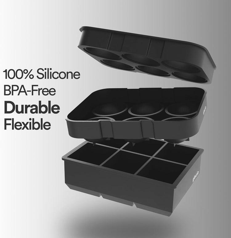 glacio Silicone Ice Cube Trays โ Large Silicone Molds for 2-Inch Ice Cubes and Spheres Whiskey Ice Cube Trays with Lids for Cocktails & Bourbon โ Set of 2