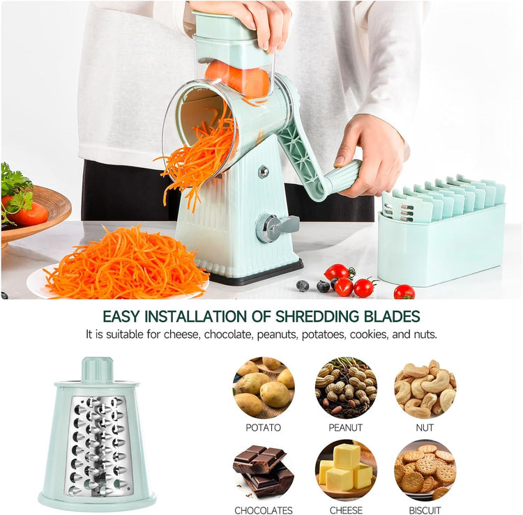 Rotary Cheese Grater, Vegetable Shredder 5 in 1 Cheese Grater with Handle edder Reinforced Suction,Easy to Clean,Kitchen Chopper for Crushed Ice,Fruits and Nuts with Blade Storage Case(Green)