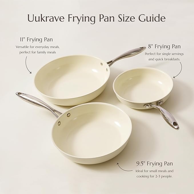 UUKRAVE Nonstick Ceramic Frying Pan Set, Ceramic Pan Skillet for Cooking, Healthy & Non-Toxic, PFAS/PTFE/PFOA-Free, Induction Compatible, Dishwasher & Oven Safe, 8"/9.5"/11", Cream