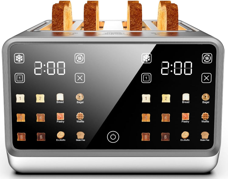 4 Slice Toasterā Dual Digital Smart TouchScreen & Independent Control Panel | Single-Slot Tech, Timer/Reheat/Defrost for Bagels, Bread | 1800W Stainless Steel, 6 Toast Types & Shade Settings
