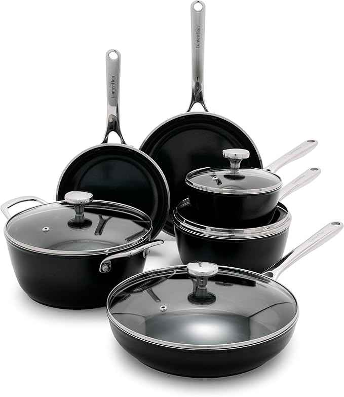 Orfeo 10 Piece Nonstick Cookware Set, Made in Italy, Diamond Ceramic PFAS-Free Pots & Pans, Induction Ready, Scratch Resistant, Laser-Fused Surface for Durability, Dishwasher Safe, Black