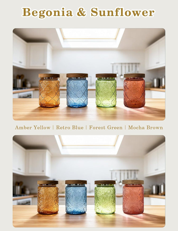 Glass Jar with Airtight Wood Lid – 24 OZ Kitchen and Pantry Canister, Decorative Vintage Storage Container for Candy, Coffee, Cookie, Cereal, Flour, Sugar, Tea, Green Sunflower