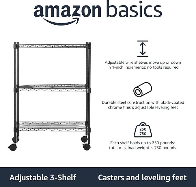 Amazon Basics 3-Shelf Adjustable Heavy Duty Storage Shelving Unit on 2" Wheels, Metal Wire Rack for Garage, Utility Shelving with Leveling Feet, 23.2" L x 13.4" W x 32.75" H, Black