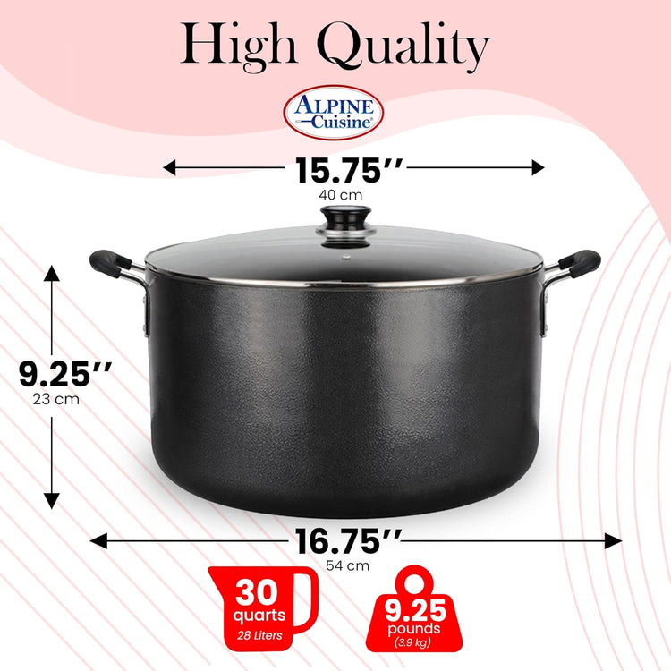 Alpine Cuisine 30 Quart Non-stick Stock Pot with Tempered Glass Lid and Carrying Handles, Multi-Purpose Cookware Aluminum Dutch Oven for Braising, Boiling, Stewing