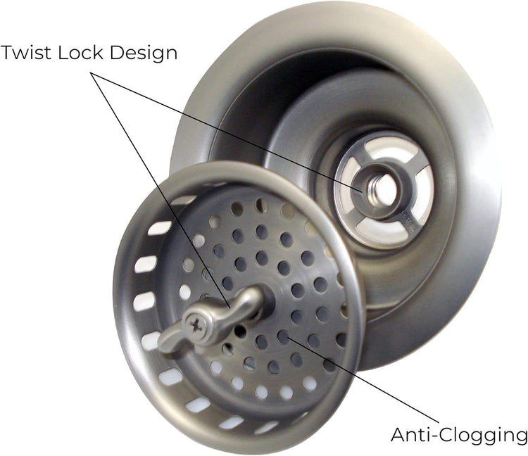 Mr. Scrappy 3.5" Sink Drain Assembly with Twist Lock Basket Strainer, Solid Brass, Brushed Nickel