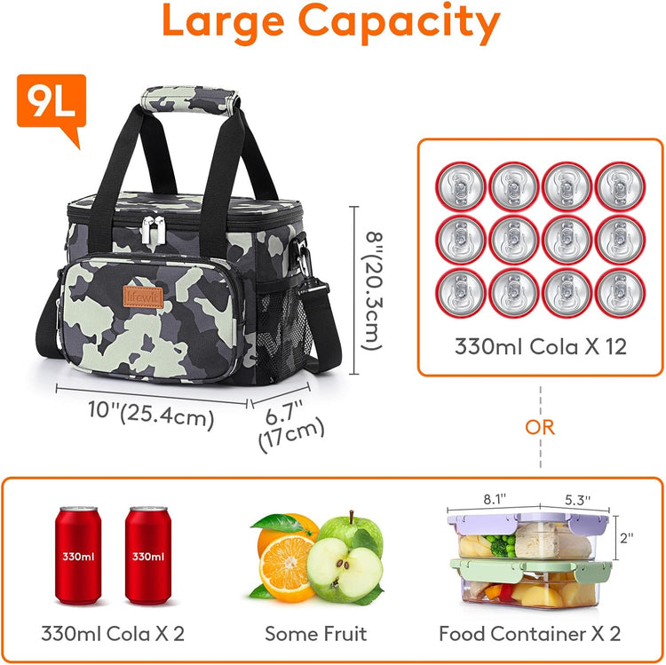 Lifewit Medium Lunch Bag Insulated Lunch Box Soft Cooler Cooling Tote for Adult Men Women, Camouflage 12-Can (9L)