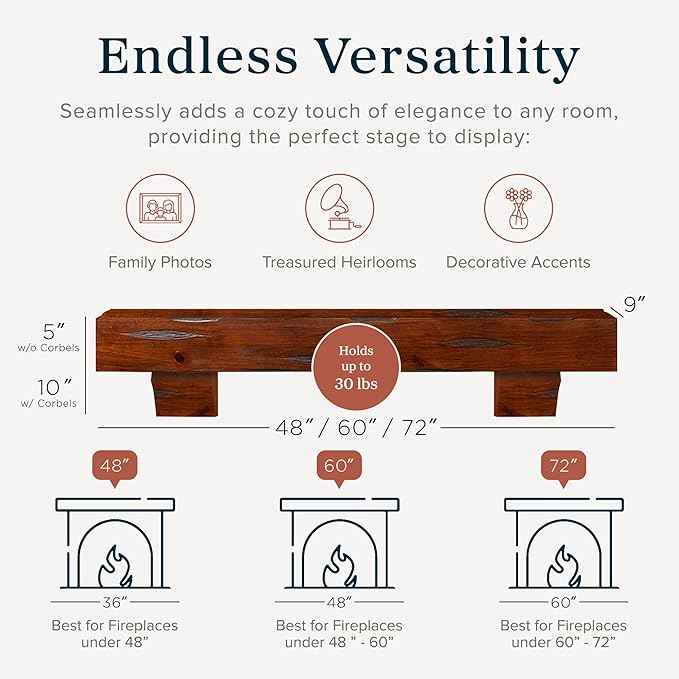 MANTELSDIRECT Breckenridge 48” Fireplace Mantel Shelf with Corbels – Rustic Floating Mantel Shelf for Over Fireplace – Cherry - Wood Shelf for Wall – Pine Box Construction