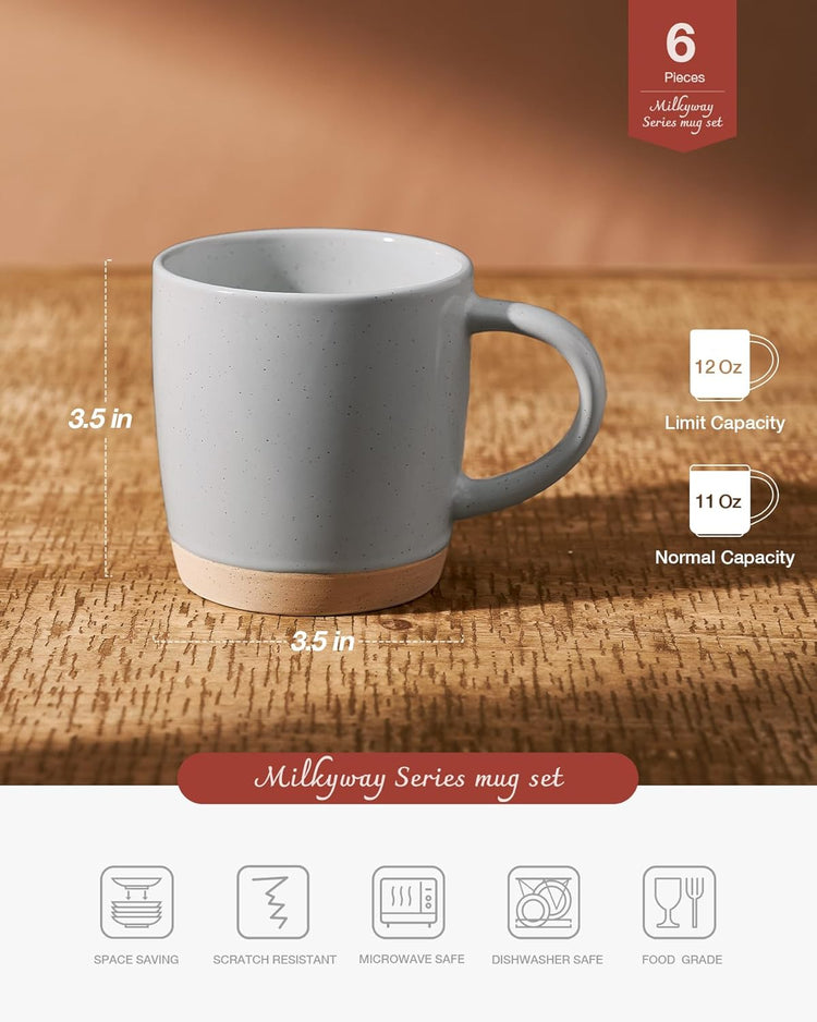famiware Coffee Mugs for 6, 12 oz Mug Set, Dringking Cup with Handle for Coffee, Tea, Cocoa, Milk, Milkyway serise, Ligth Gray