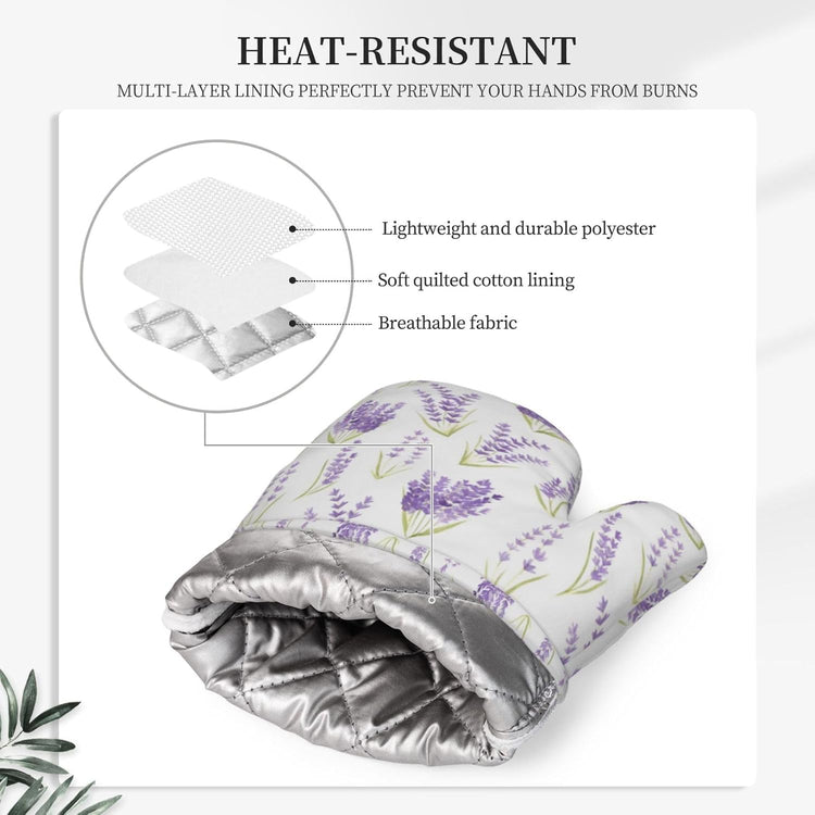 Lavender Spring Flowers Oven Mitts Pot Holders Set Silicone Lavenders Kitchen Oven Mitts Heat Resistant Potholders Non-Slip 4pcs Hot Pads and Oven Gloves Sets for Cooking