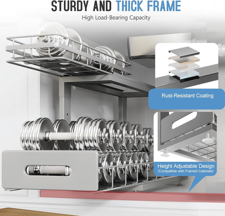 2 Pack 18 IN Depth Under Sink Organizer with Smooth Ball Bearing Slides,2-Tier Pull Out Cabinet Storage,Slide Out Drawers for Bathroom&Kitchen,Rust-resistant Coating,Height Adjustable-Gun Gray