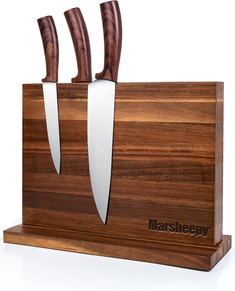 Home Kitchen Magnetic Knife Block,Double Sided Magnetic Knife Holder Rack for Kitchen Counter,Acacia Wood with Strong Enhanced Magnets Knife Storage Stand