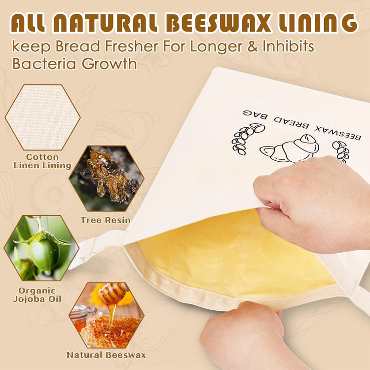 2 Pack Reusable Beeswax Bread Bag for Homemade, XL Sourdough Bread Keeper with Beeswax Lining, 17"×12" Bread Storage for Baking Supplies