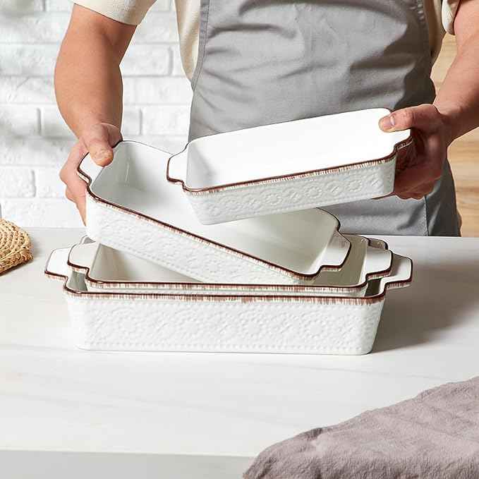 ONEMORE Casserole Dishes for Oven, Ceramic Baking Dish Set of 4, Non-Stick Lasagna Pans with Handles, Rectangular Bakeware Set for Cake, Roasting, Broiling, Gratin, Banquet, Microwave & Dishwasher Safe(3.8/2.6/1.7/1.1 Qt) (White 01)