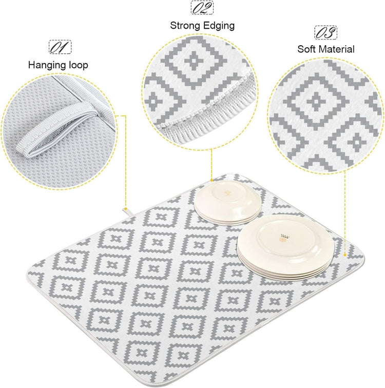 Super Absorbent Dish Drying Mat, Microfiber Fast-Drying Dish Mat, 24" x 18, Kitchen Dish Drying Pad, White Moroccan Rhombus Plaid
