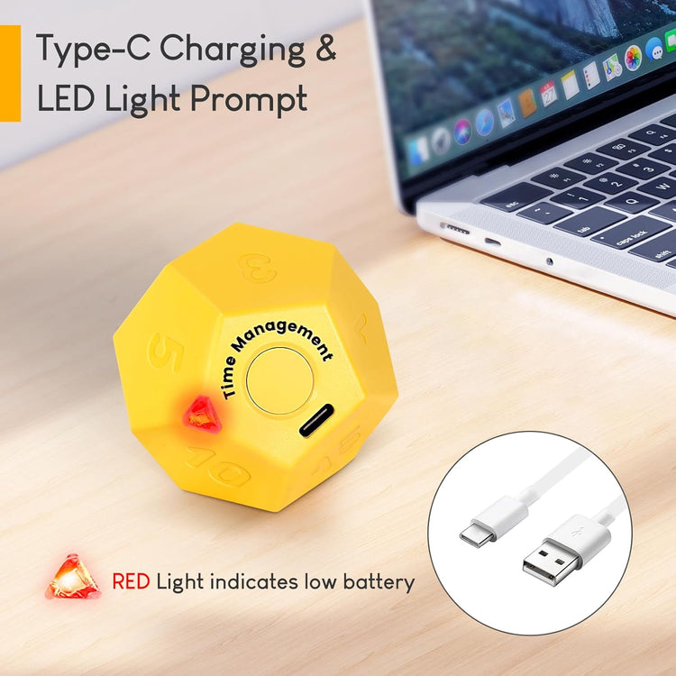 Yellow Pomodoro Timer - 11 Preset Productivity Cube, Ring/Vibrate Mode, Rechargeable, Perfect for Cooking, Learning, Exercise and Beauty
